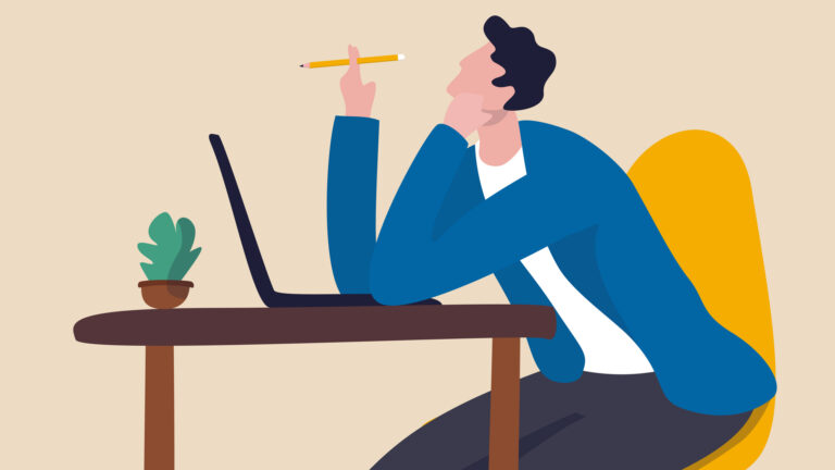 Stylistic drawing of a white man leaning on an elbow at a desk, twirling a pencil in his other hand. On the desk is a laptop and a small plant.
