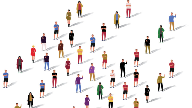 Illustration showing six diagonal rows of people in colourful clothing, each person standing a few feet apart. Some of the rows are short; others are long.