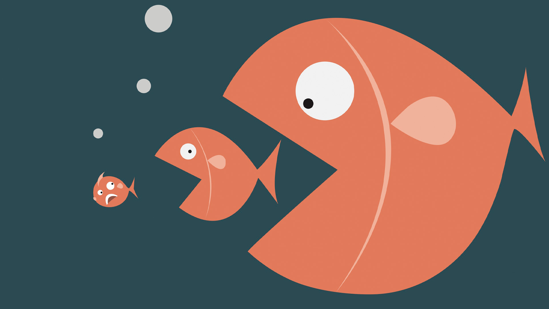 Image de trois poissons, un gros, un moyen et un petit, qui s’apprêtent à s’entredévorer.