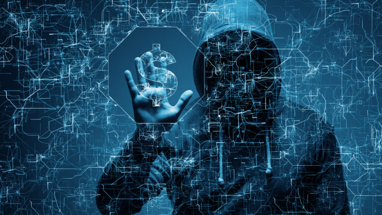 Illustration of a man in silhouette looking at depictions of digital networks.