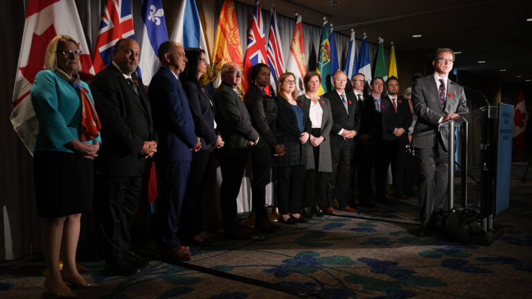 Une douzaine de femmes et d'hommes se tiennent en une longue rangée devant un mur tapissé des drapeaux de chaque province. Ils sont habillés en costume, les mains jointes devant eux. Plusieurs projecteurs éclairent certaines parties de la rangée mieux que d'autres.
