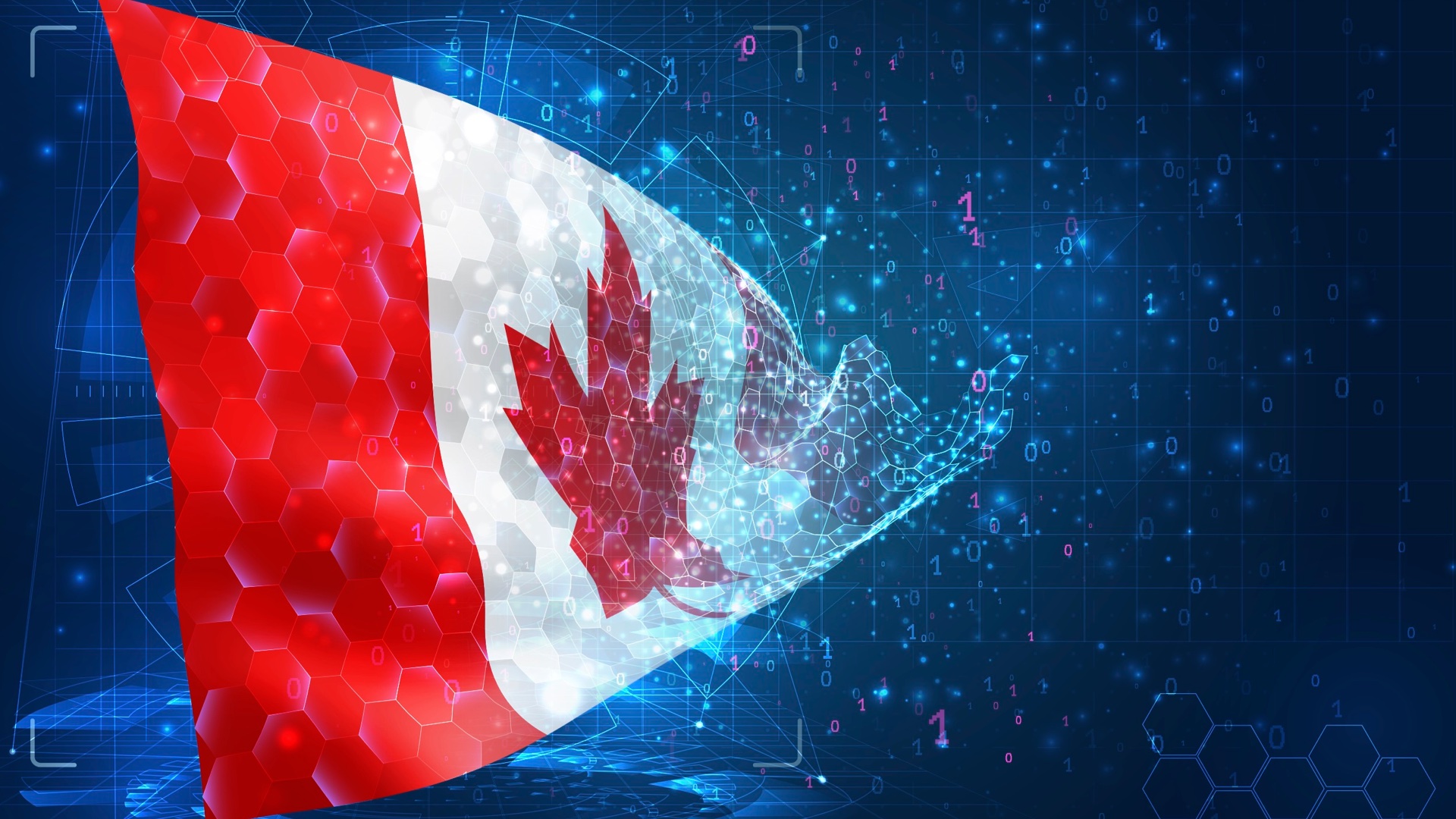 A digital image with a Canadian flag disintegrating into a blue matrix symbolizing technology.