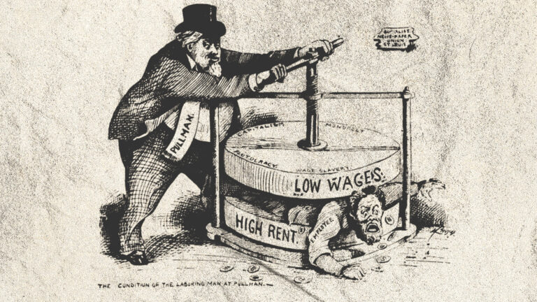 Un homme est écrasé dans une presse pendant que son patron la resserre sur lui. Sur la partie supérieure de la presse, qui écrase l’ouvrier, il est écrit « bas salaires » en grosses lettres, accompagné des mots « capitalisme », « monopole », « esclavage salarial » et « plutocratie ». Sur la partie inférieure, on peut lire « loyer élevé ».