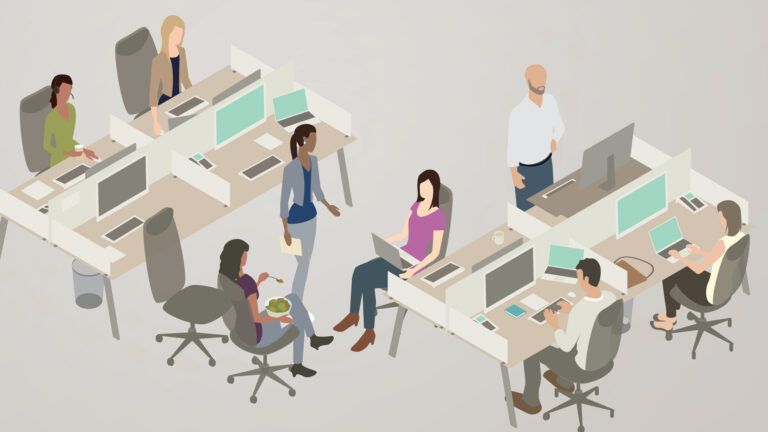 Illustration of a diverse team of women and men collaborate over laptops and large monitors, while one man uses a stand-up desk.