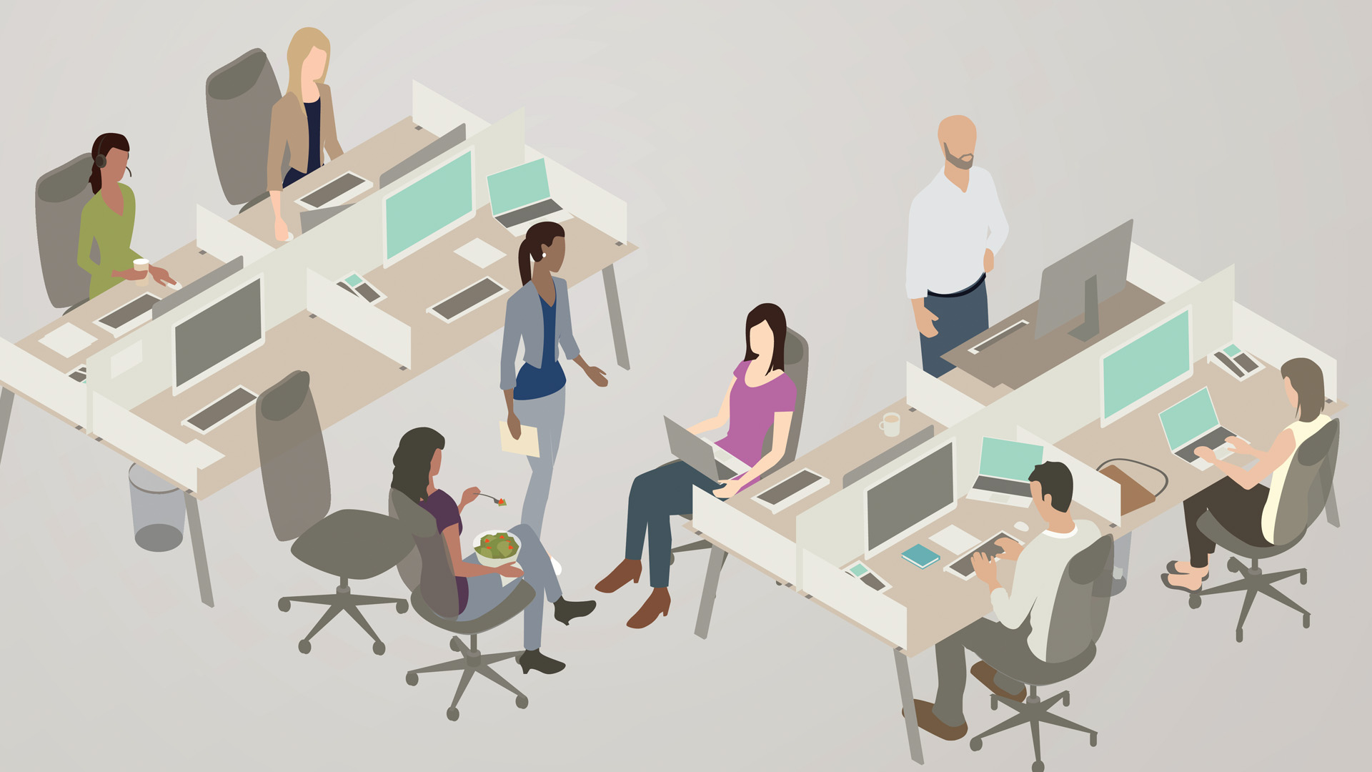 Illustration of a diverse team of women and men collaborate over laptops and large monitors, while one man uses a stand-up desk.