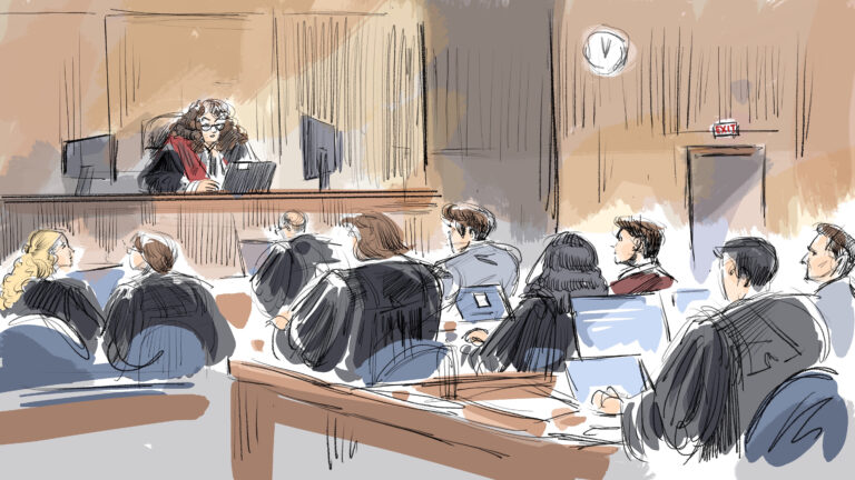 CP174796101 Cutline: A courtroom sketch as Justice Maria Carroccia delivers her ruling on July 24, 2025. THE CANADIAN PRESS/Alexandra Newbould Alt photo text: A drawing of about nine people sitting and listening in the room.