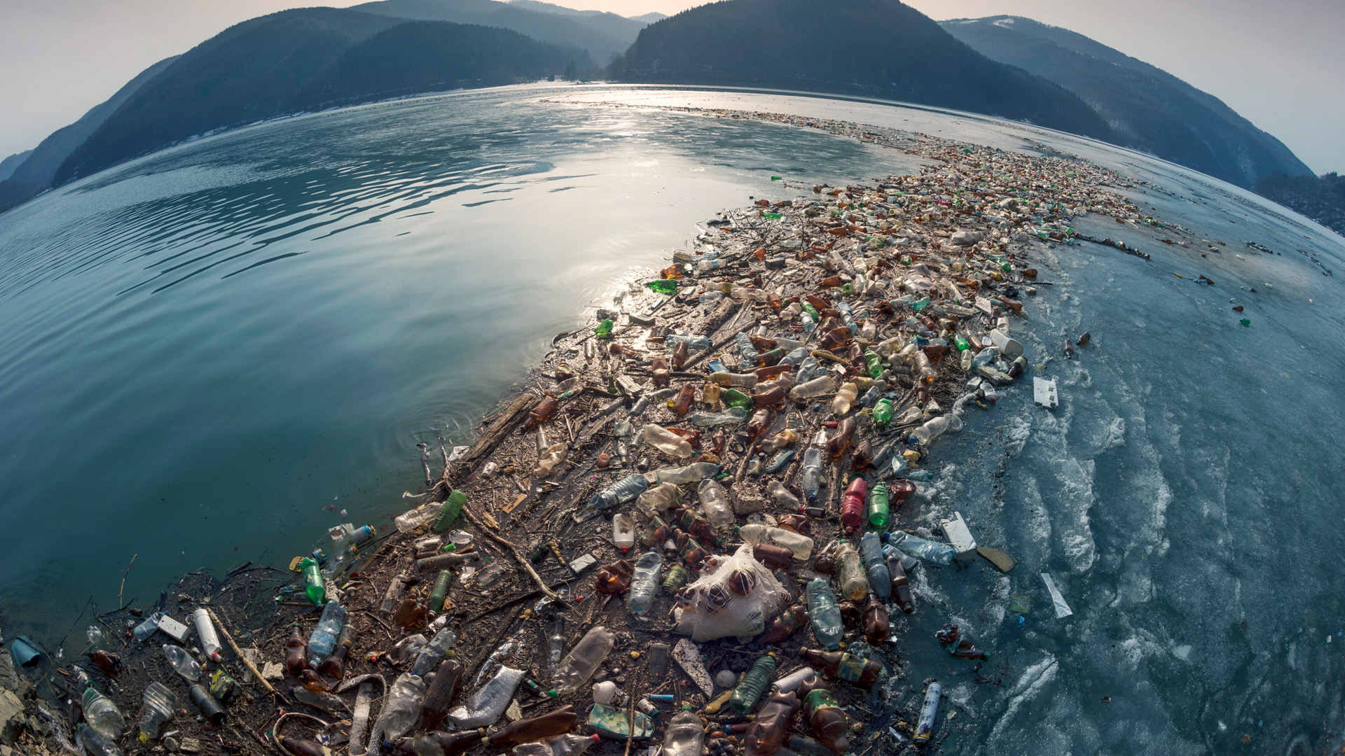 Vue panoramique d’un lac pollué par des déchets