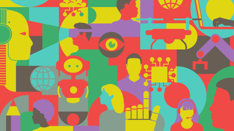 In bright turquoise, red-orange, yellow and green, an illustration that is a jumble of faceless people, robots, mechanical arms, a pencil, a pointing finger and a hand on a laptop.
