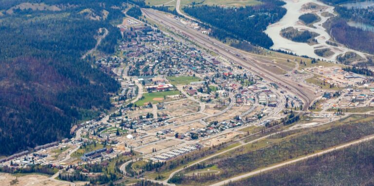 An aerial view of Jasper, with several sections of the town now gravel pads.