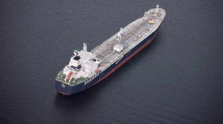 An overhead view of a tanker stopped in open water along the B.C. coast.