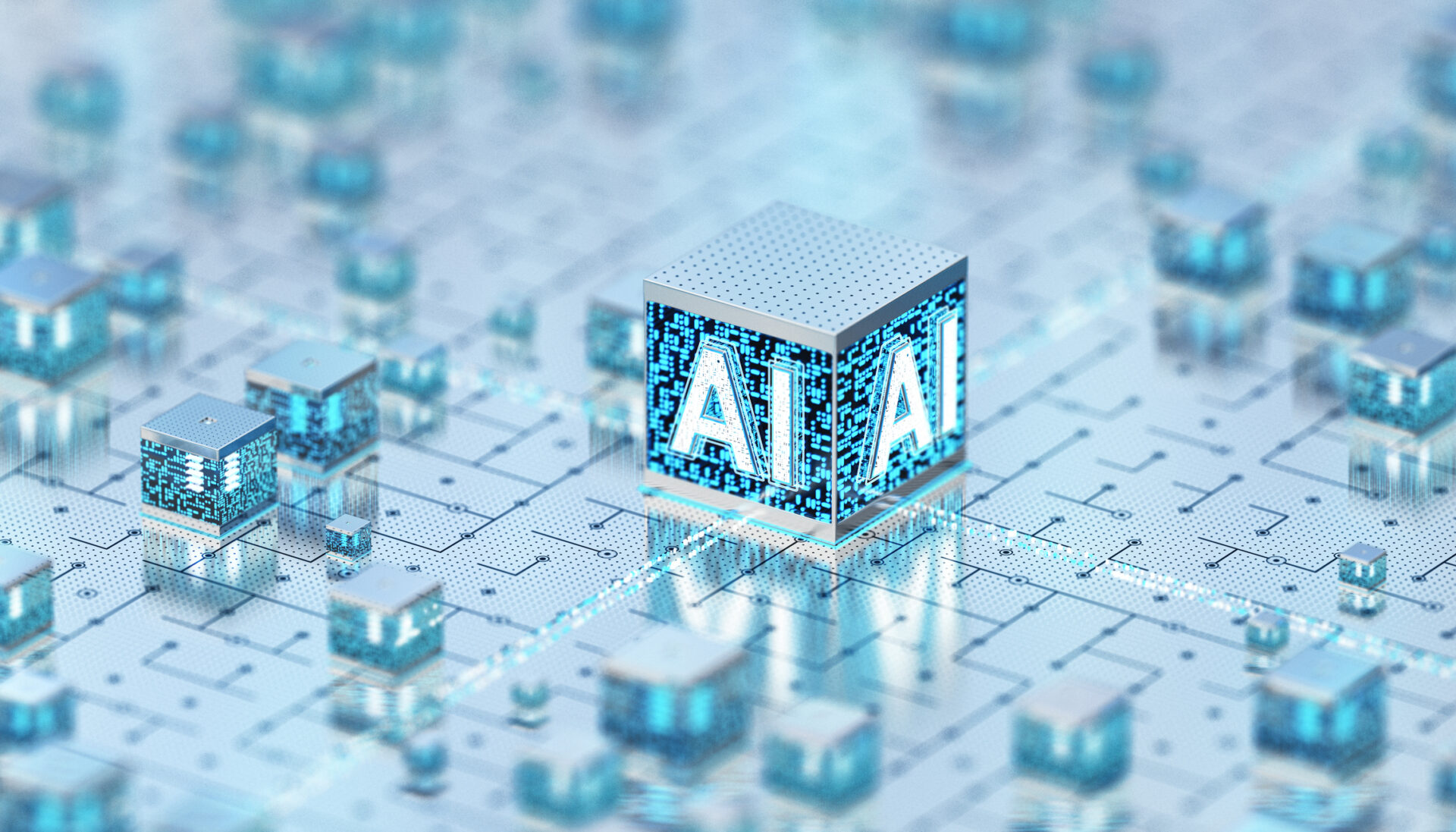 Une carte mère d’ordinateur est recouverte de cubes. Au centre se trouve le plus grand cube, sur lequel les lettres « AI » apparaissent sur les deux faces.