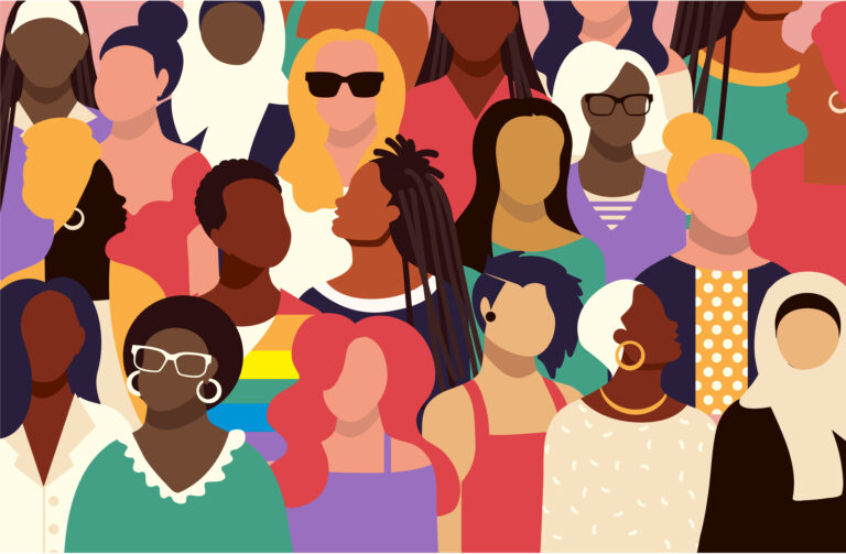 Vector illustration of a Crowd of diverse women with various expressions vibrant colors. Vibrant colors.