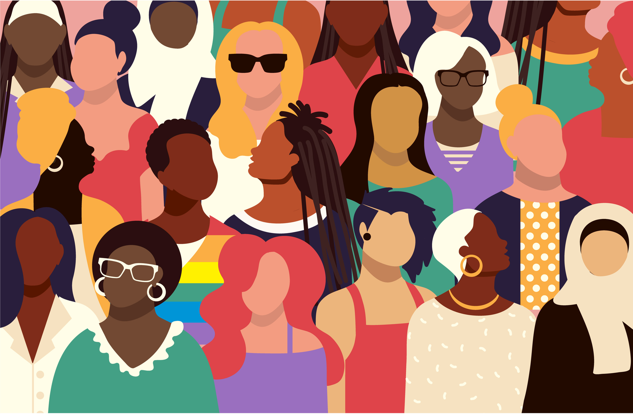 Vector illustration of a Crowd of diverse women with various expressions vibrant colors. Vibrant colors.