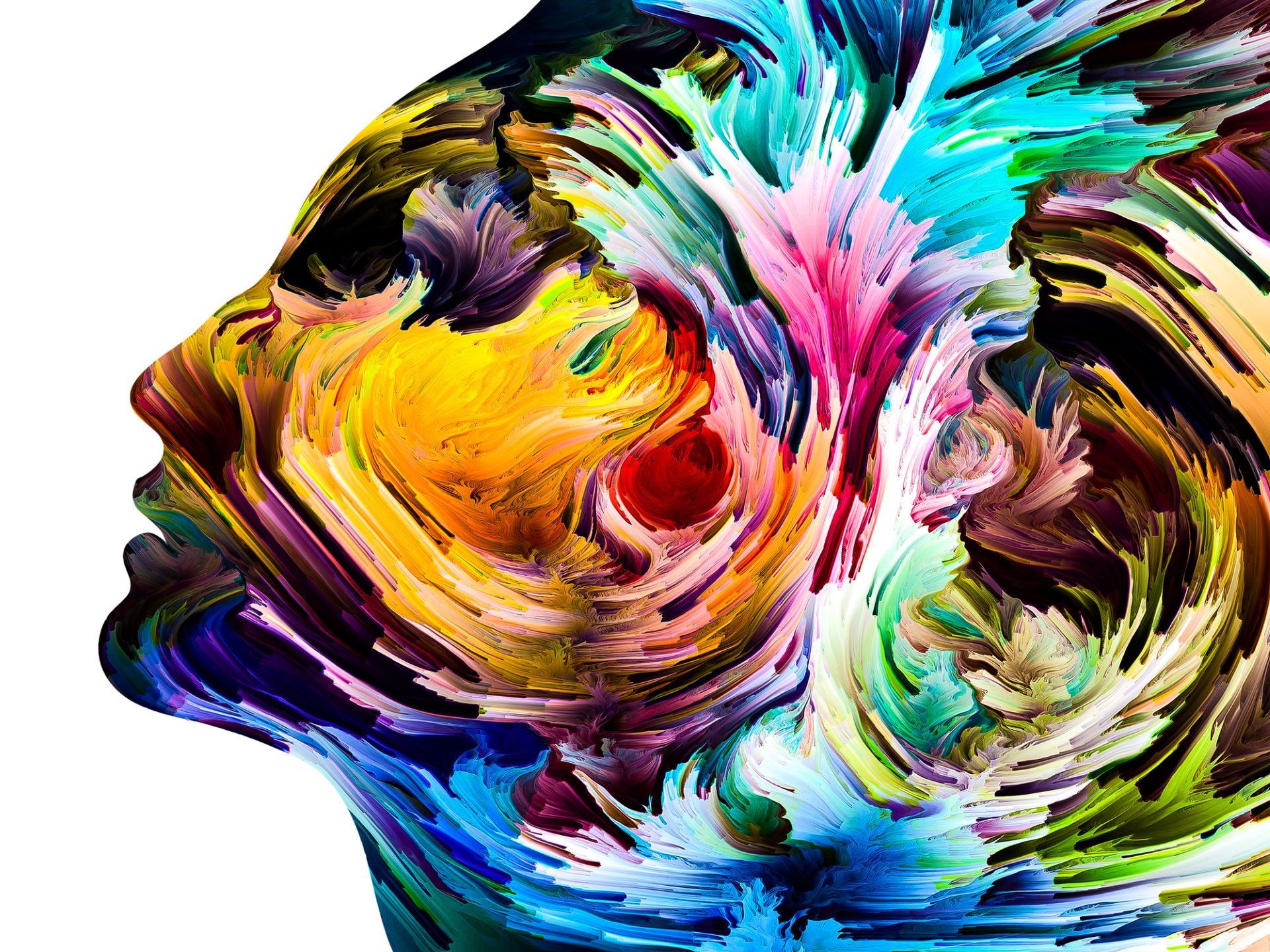 Head of a person filled with swirls of colours.