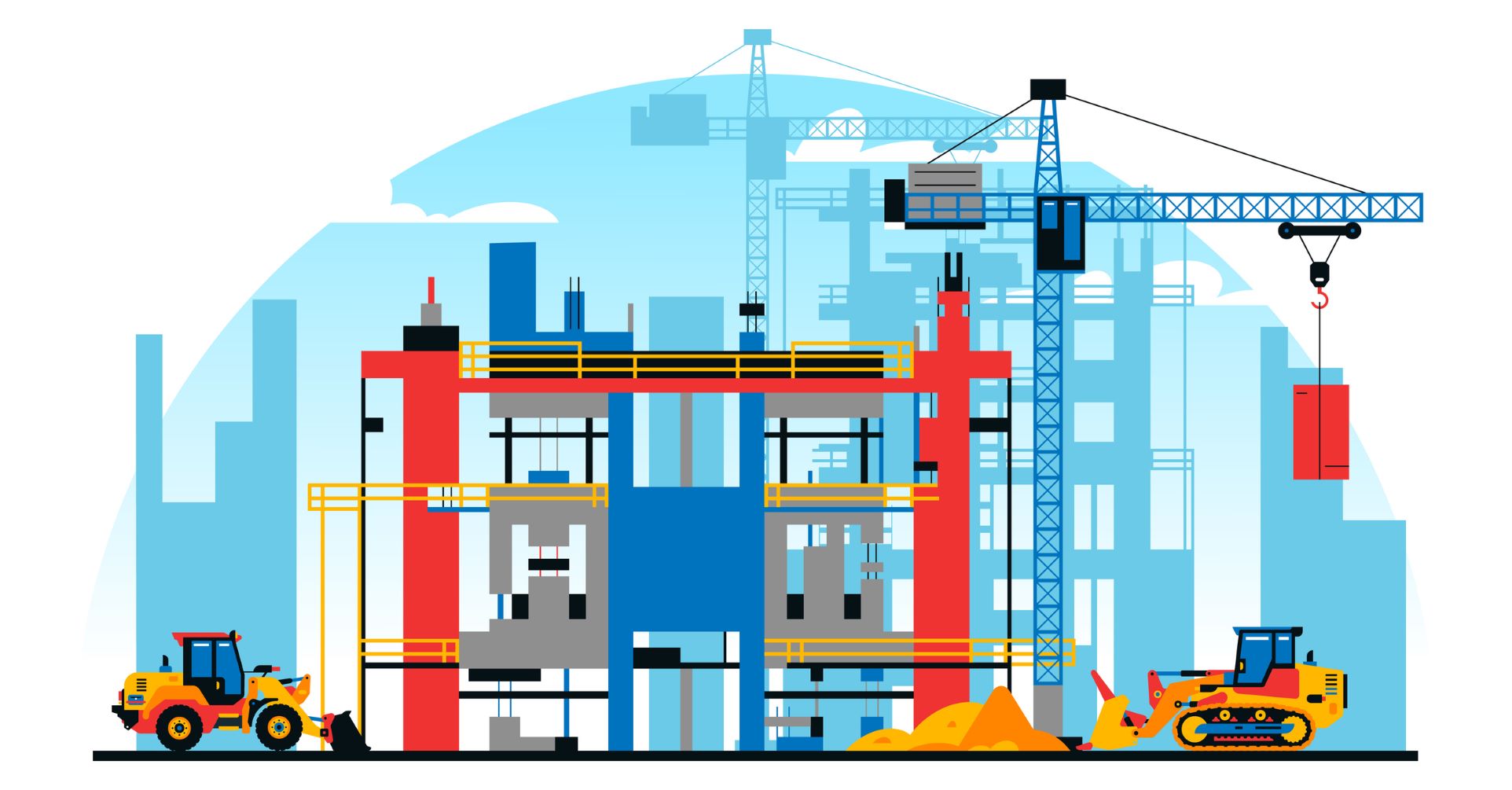Digital illustration of tall cranes on an industrial construction site with backhoes.