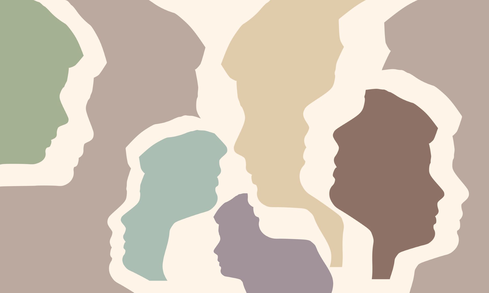 A collection of cut-out silhouettes of faces in profile.