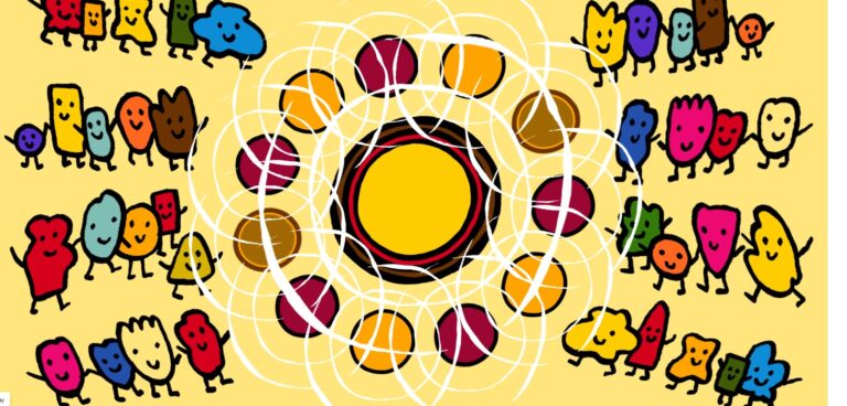 Multi-coloured animated figures gathered around an inner circle.