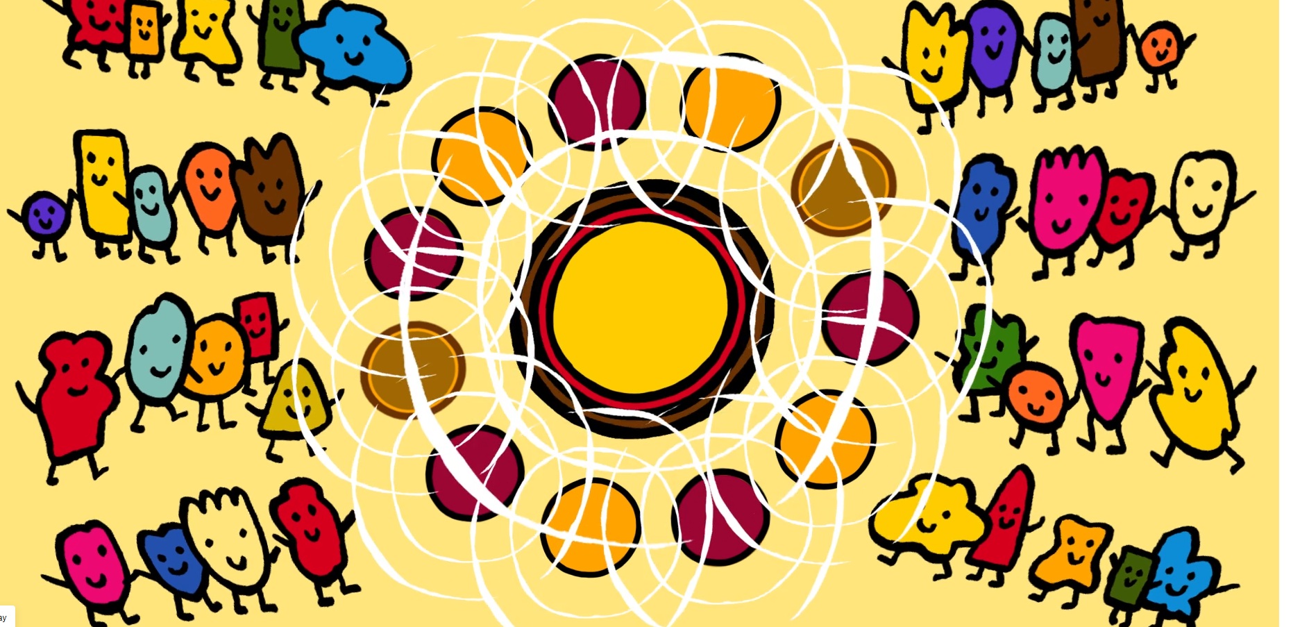 Multi-coloured animated figures gathered around an inner circle.