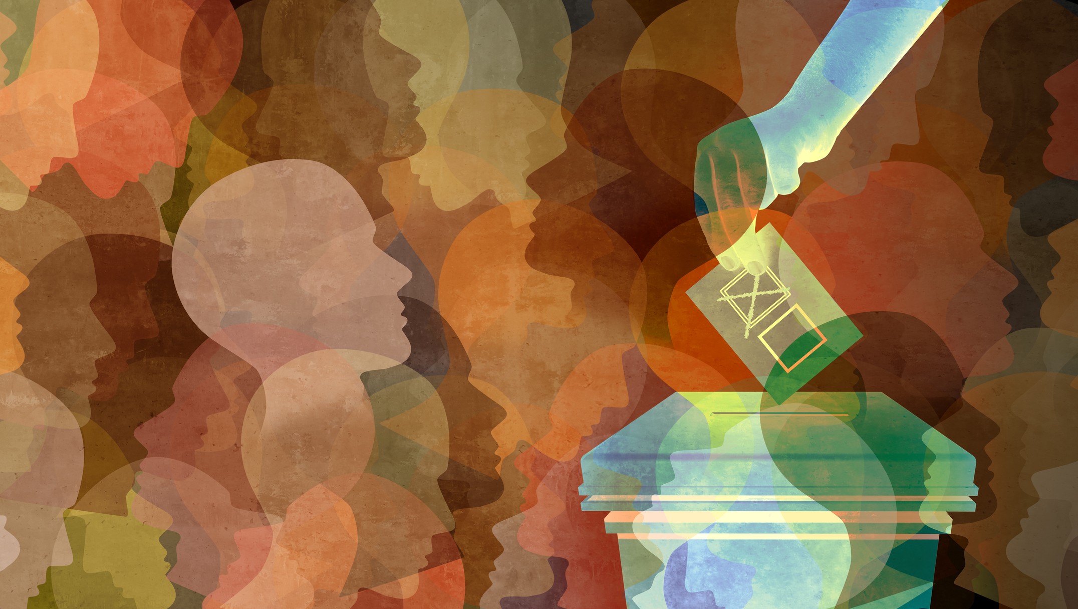 An abstract image featuring the silhouettes of many people in shades of beige and brown, with a hand descending to put a ballot with an X in a box.
