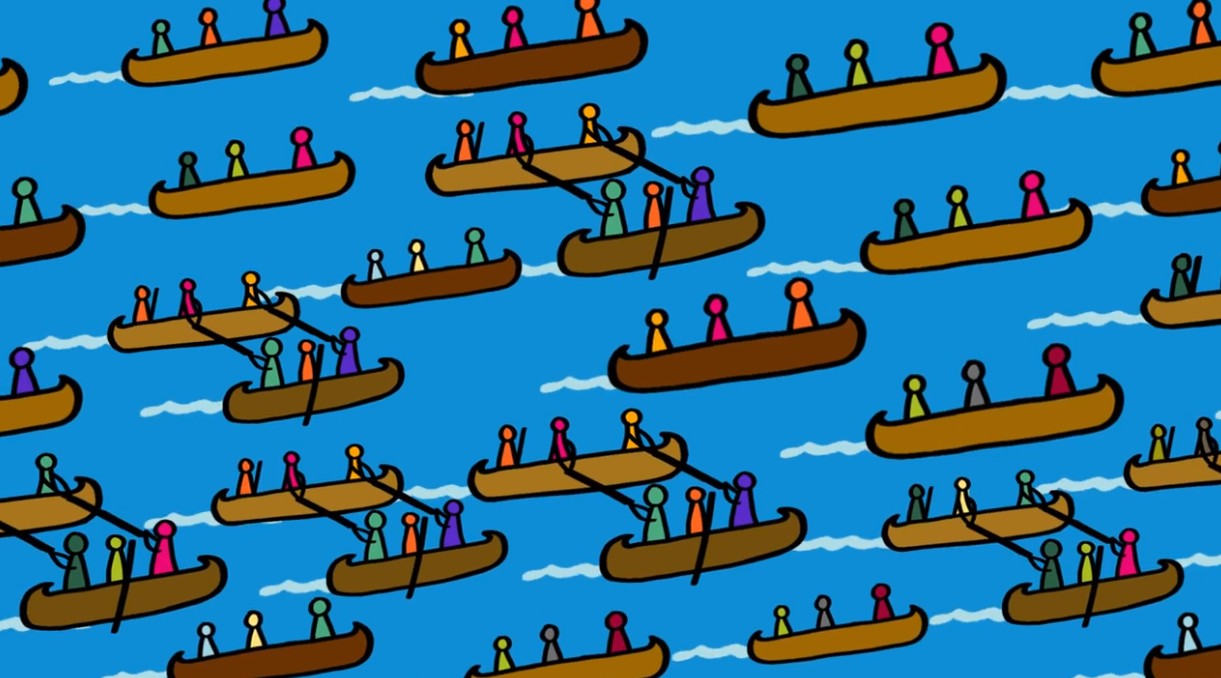 An animated series of paddlers and canoes.