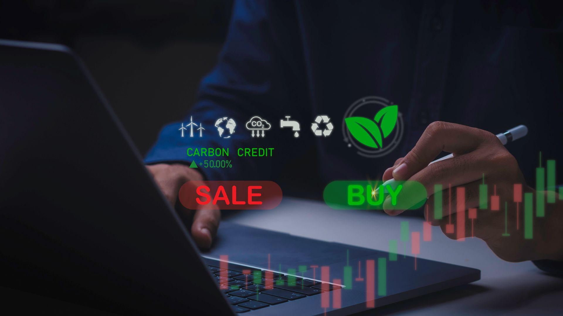 Person at a laptop handling a stylus while a caption overlaying the image says "buy sell carbon credit."