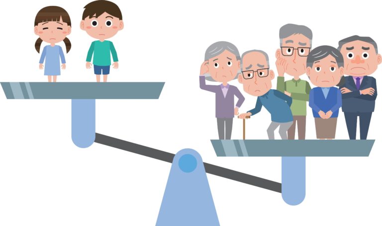 A balance with young people on one side and older people on the other.