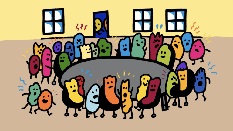 Animated figures gathered around a table.