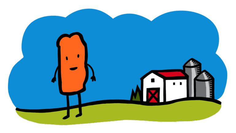 An animated figure posing in front of a farm.