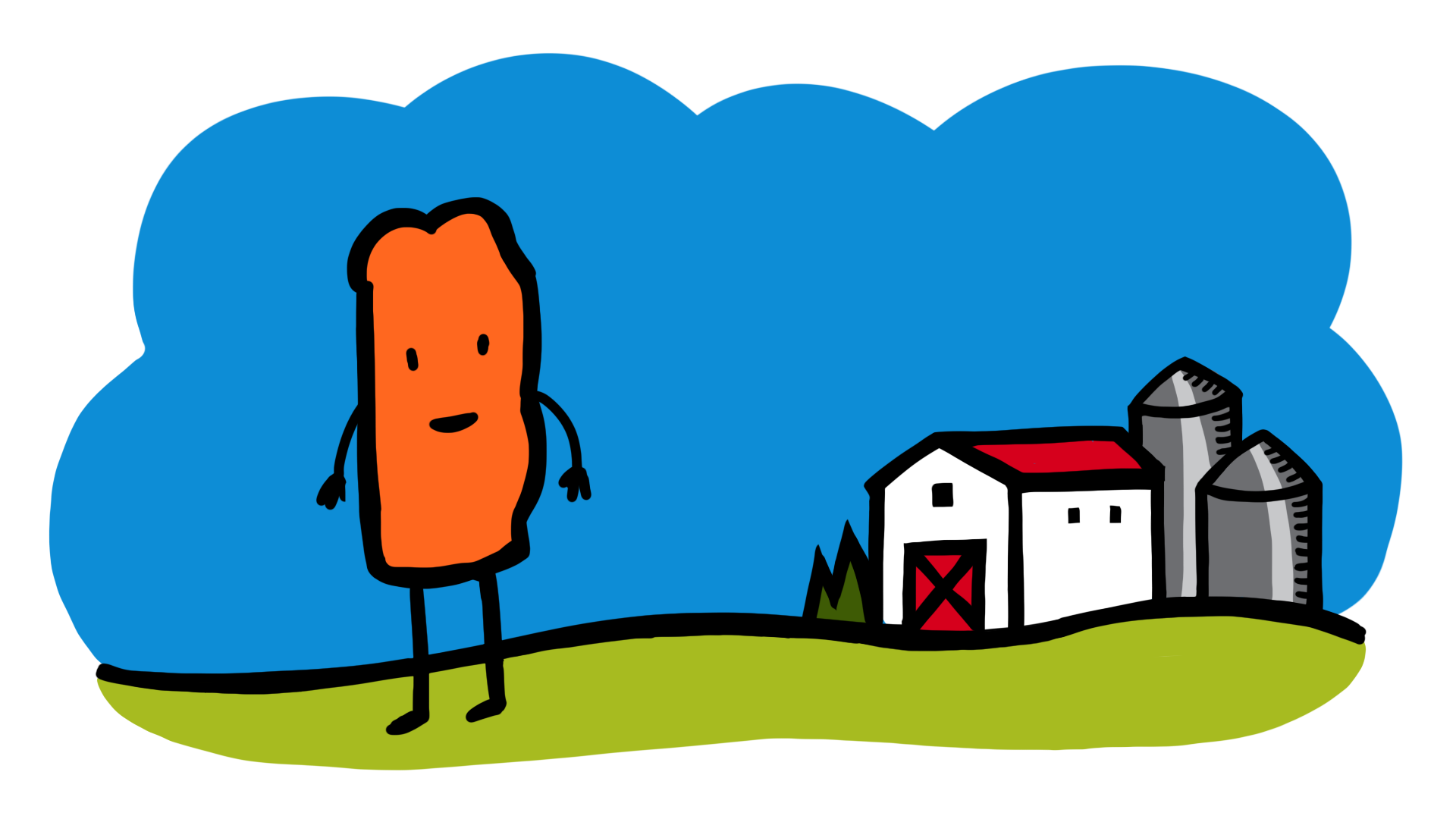 An animated figure posing in front of a farm.