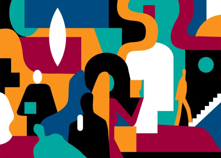 Digital illustration depicting silhouettes of a half dozen people circulating.