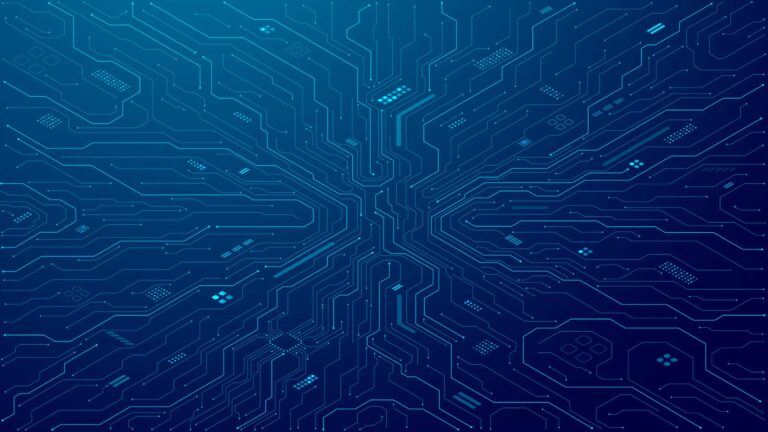 A depiction of a circuit board in tones of blue.