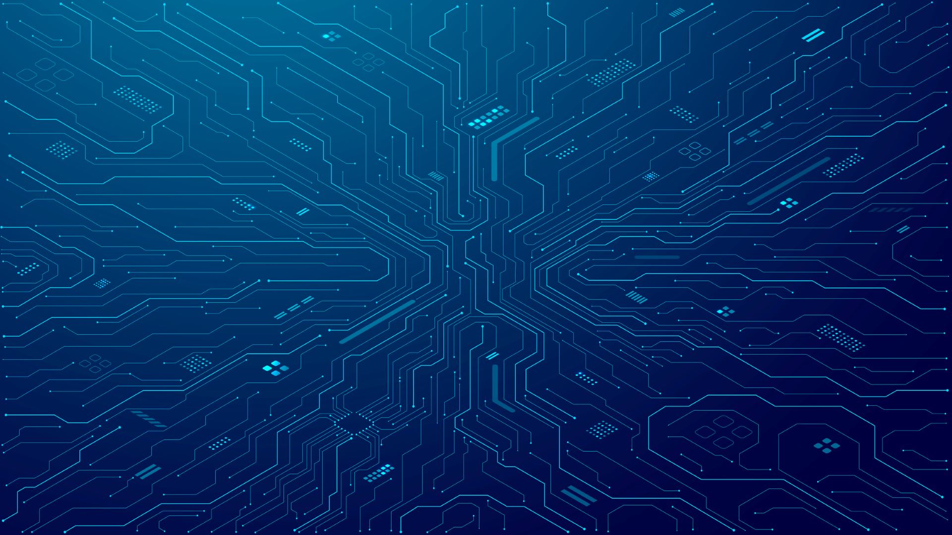 A depiction of a circuit board in tones of blue.