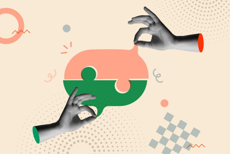 Stylized illustration of two hands holding the edges of two interlocking puzzle pieces that make up a full speech bubble.