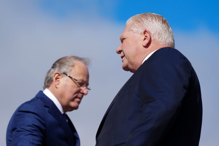 Ontario Premier Doug Ford and Solicitor General Michael Kerzner shot in profile against a blue sky.