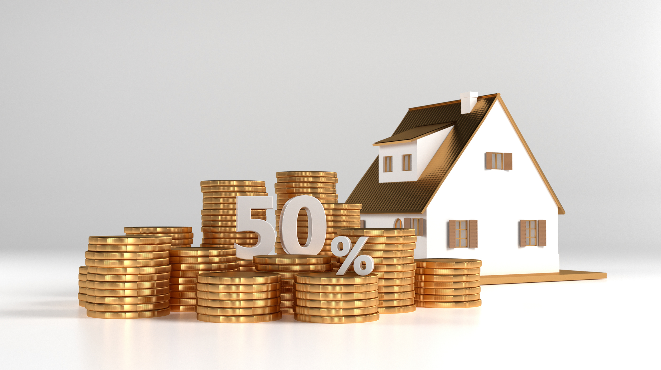 Illustration de pièces de monnaie empilées avec le chiffre 50 % sur le dessus devant une maquette de maison.