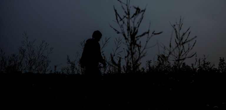 A seven-year-old transgender boy is photographed amid some trees in dark silhouette.