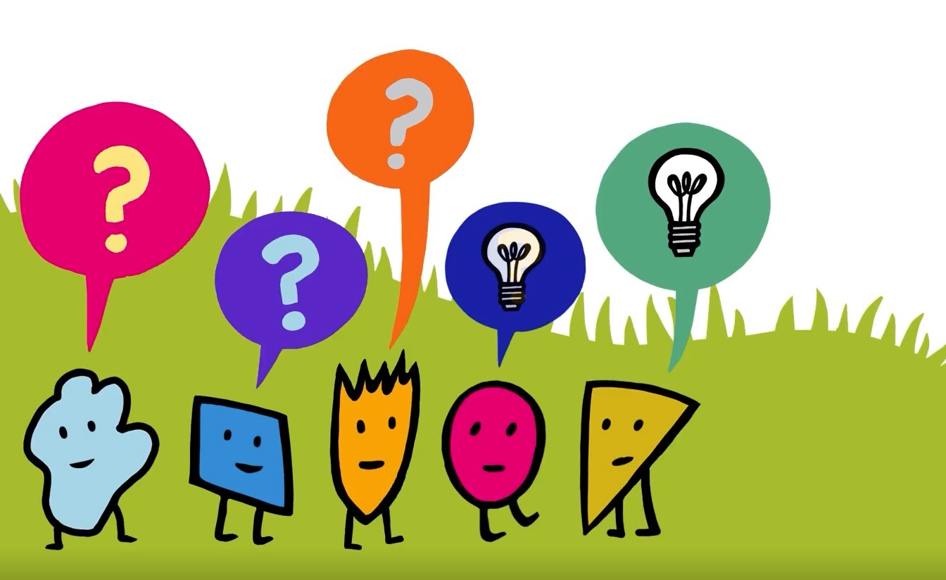 Colourful animated figures with thought bubbles with question marks and lightbulbs.