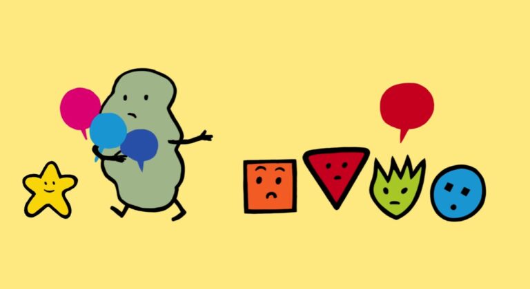 Colourful animated figures meet. A larger green figure has collected the word bubbles belonging to the other figures. A small start is making the green blob give them back.