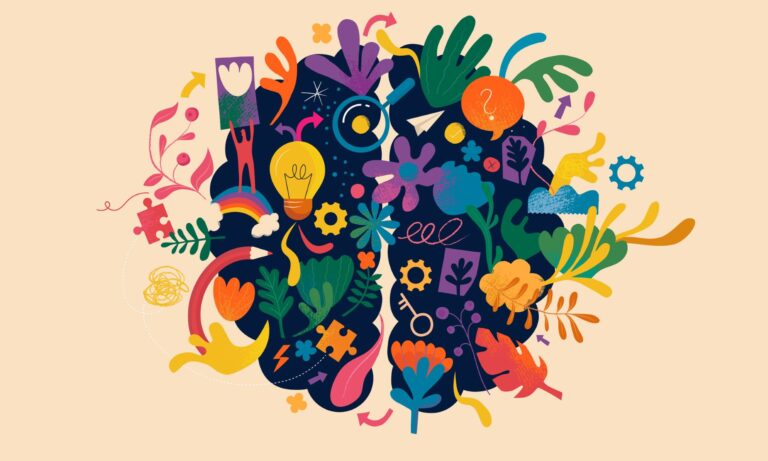 Depiction of the two sides of the brain made up of flowers, puzzle pieces, lightbulbs, key etc in lots of colours.