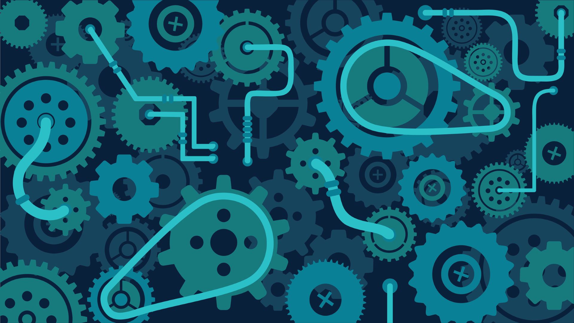 De nombreux petits engrenages bleus et verts qui s’emboîtent.