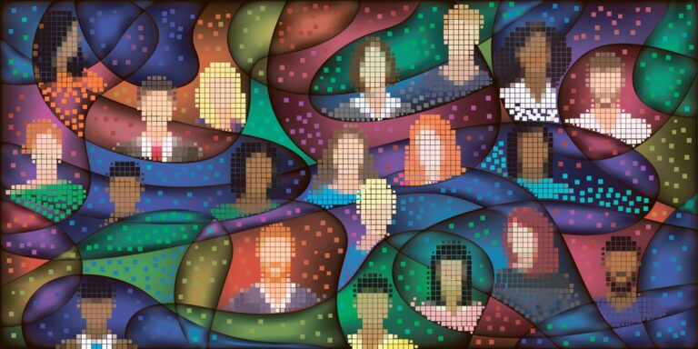 A dozen pixelated faces are set against a swirl of colours and curving lines.