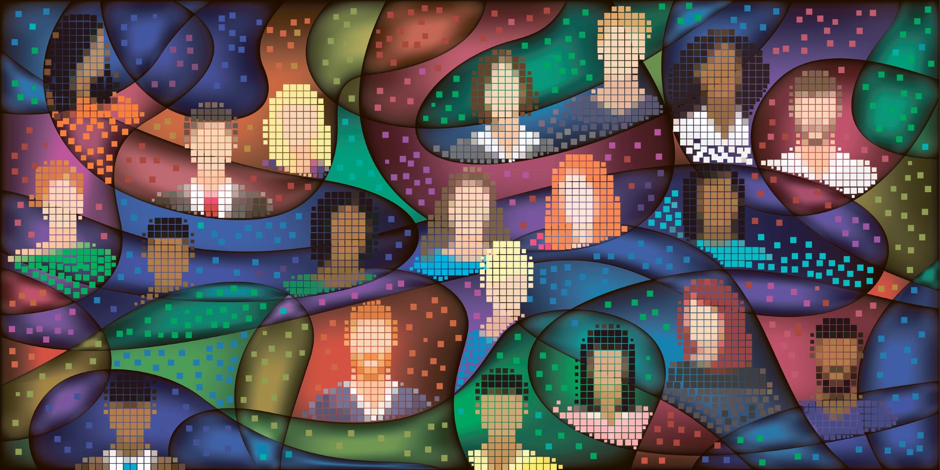 A dozen pixelated faces are set against a swirl of colours and curving lines.