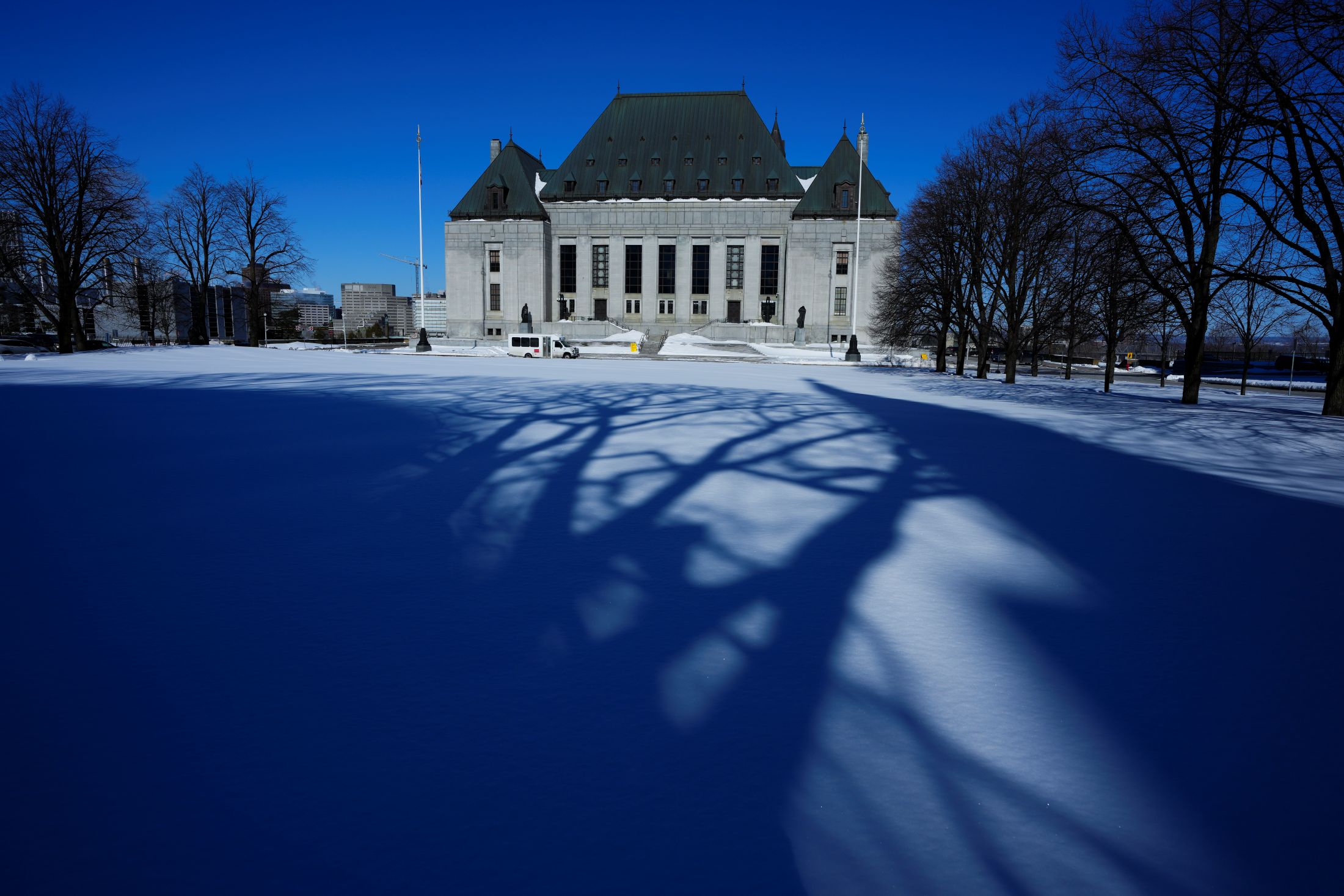 Long shadows from trees against pristine snow in front of the Supreme Court building.