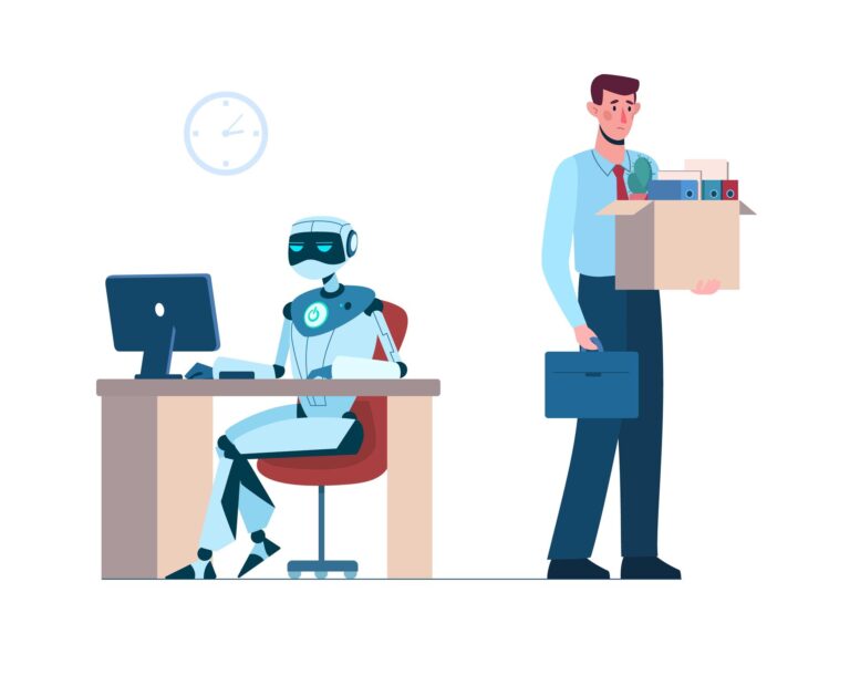 An illustration of a robot at a computer while a worker exits an office with a box full of belongings.