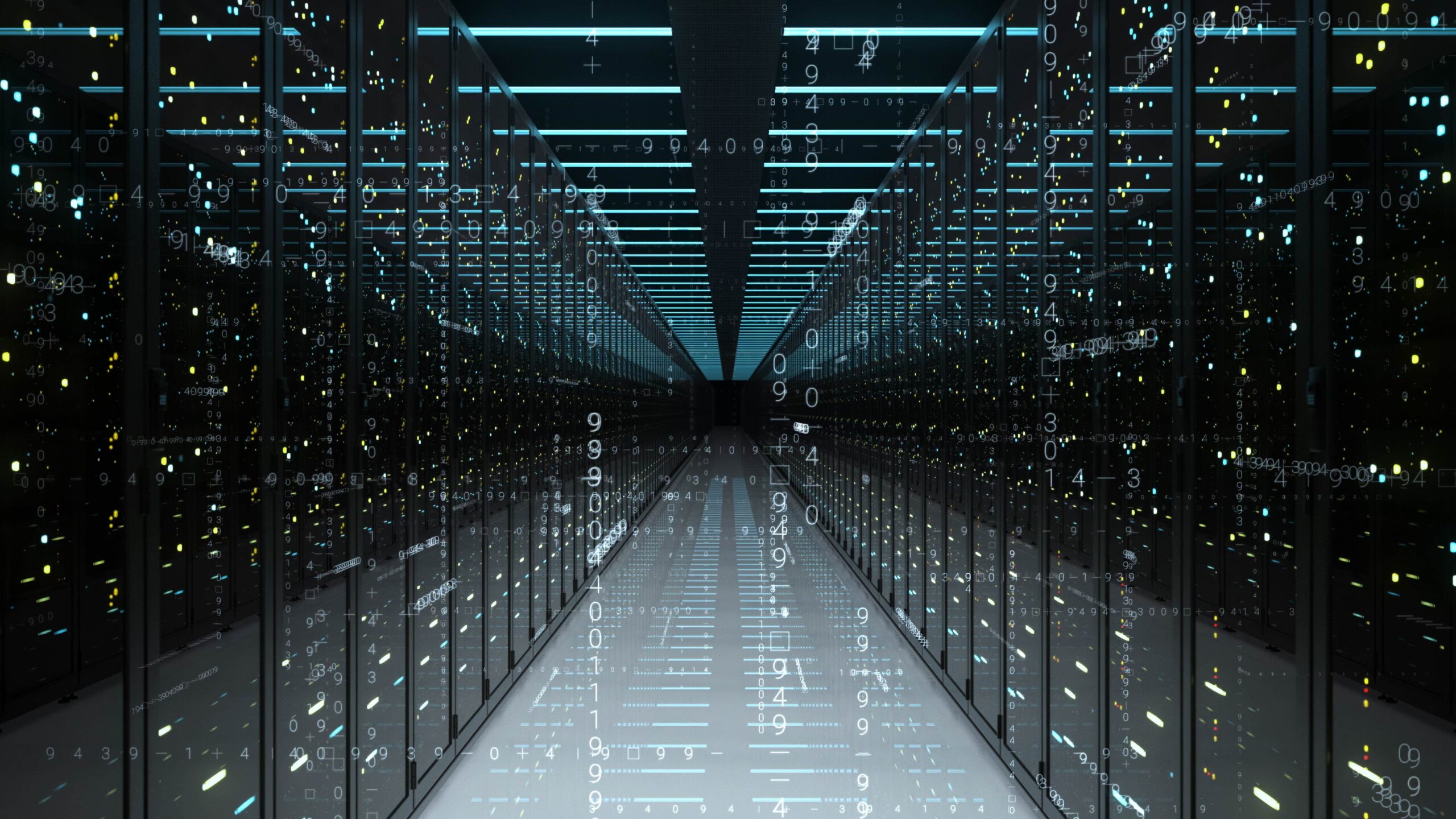 Centre de données avec rangées de serveurs et chiffres flottants représentant des flux de données numériques.