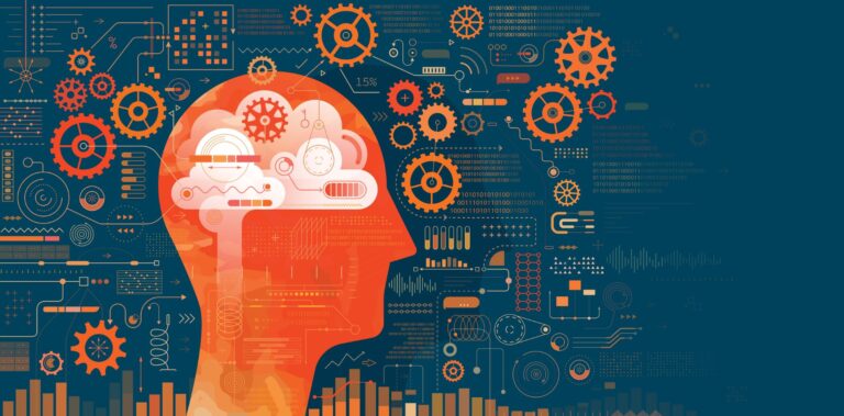 Silhouette of a head filled with and surrounded by symbols.