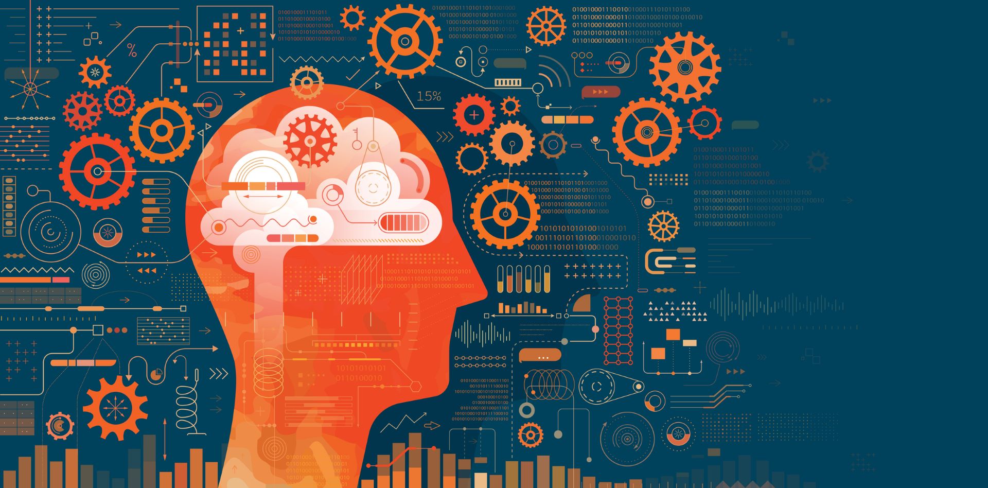 Silhouette of a head filled with and surrounded by symbols.