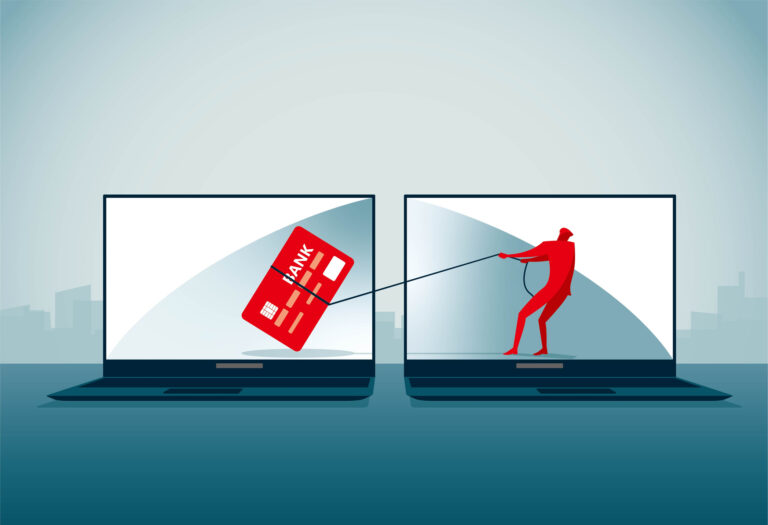 An animated image of a person in a laptop computer with a rope pulling a bank card from another laptop.