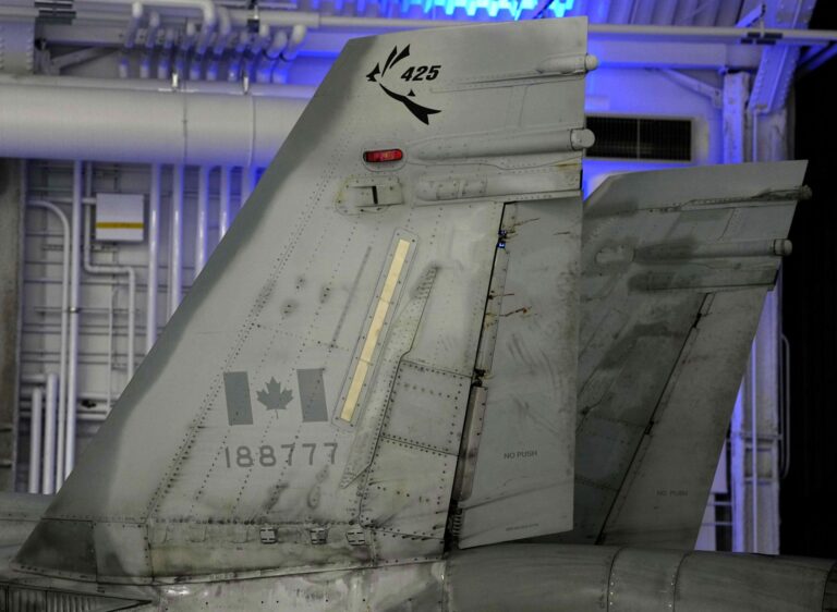 A closeup of a weathered grey tail of a CF-18 Hornet, with the dark grey Canadian flag stamped on it.