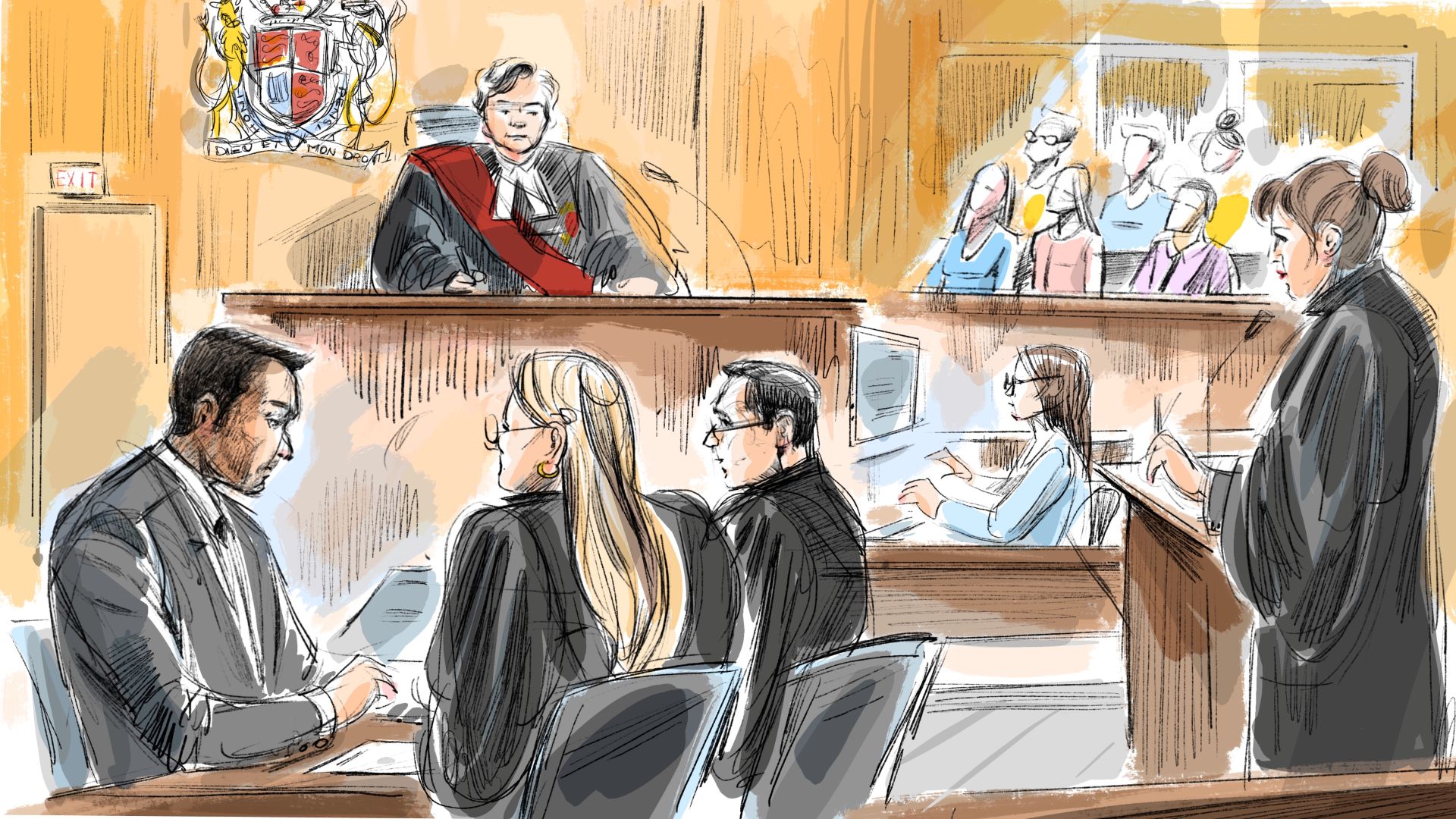 A sketch of Umar Zameer, the accused, in a grey suit alongside gowned lawyers, in front of a judge and jury.